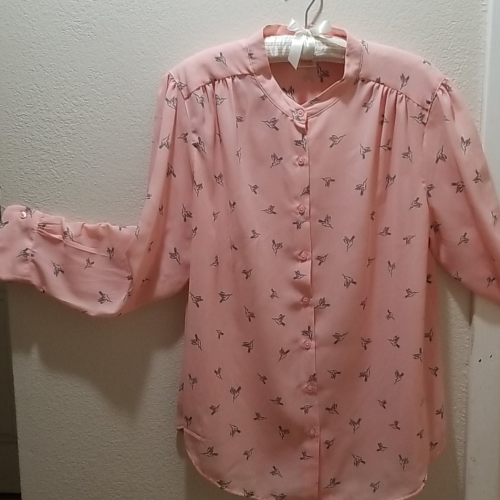 pink blouse long sleeve , bird print